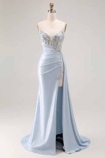 Light Blue Mermaid Appliqued Corset Long Prom Dress With Slit